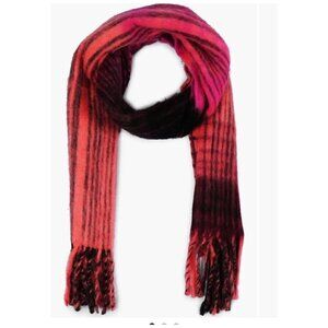 Frye Womens Pink Red Plaid Black Brushed Knit Fringe Rectangle Scarf New